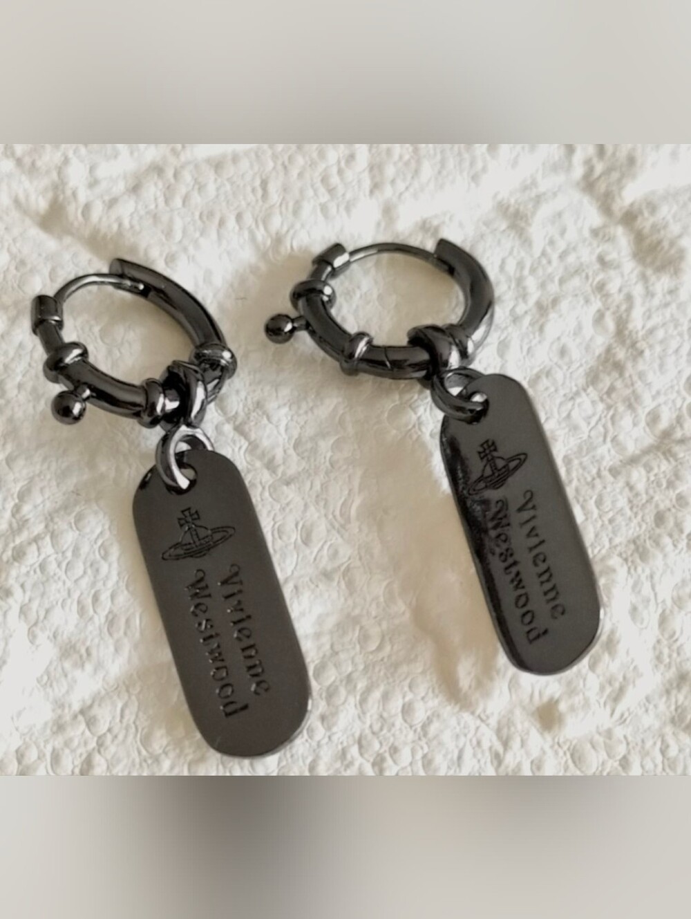 Fashion Jewelry Gunmetal Black Logo Tag Hoop Earrings Nwot